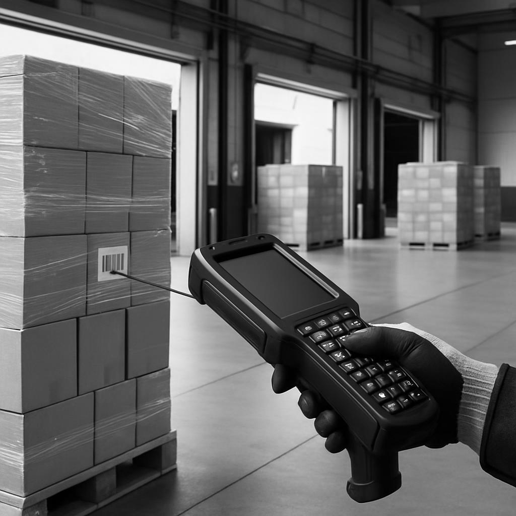 The barcode scanner being used for inventory management, in a warehouse setting.